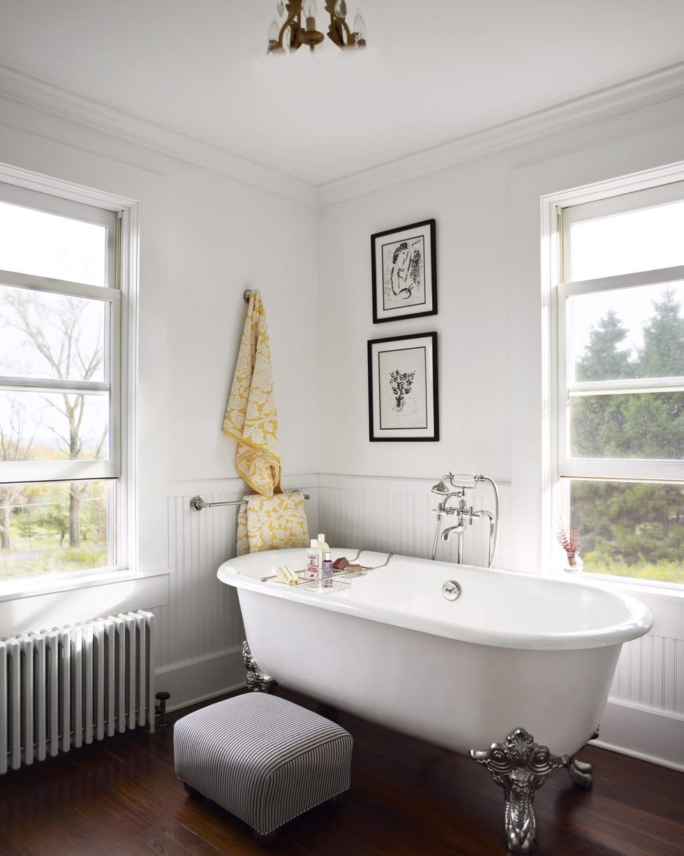 Wood, Room, Interior design, Product, Floor, Architecture, Flooring, Property, Home, Wall, white farmhouse bathroom with white clawfoot tub