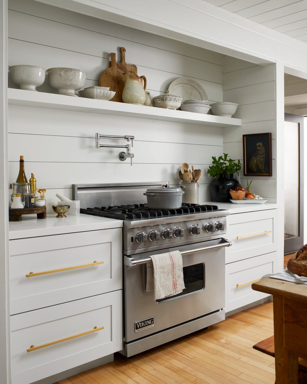 white shiplap farmhouse kitchen range wall with open shelf white shiplap farmhouse kitchen range wall with long wood shelf