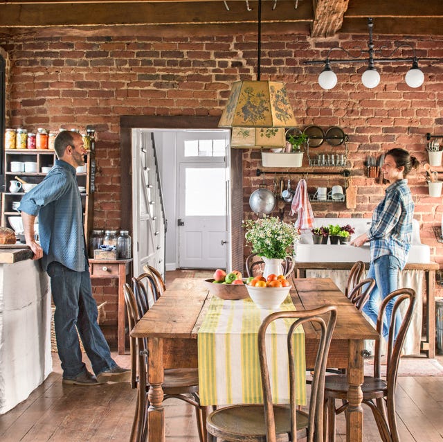 farmhouse kitchen with brick wall