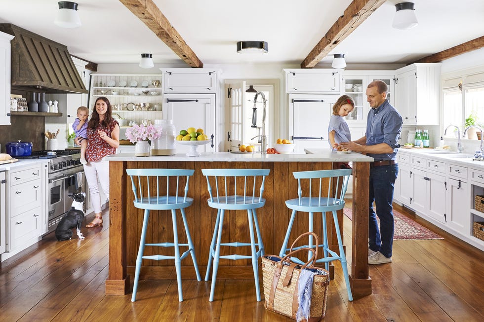 Countertop, Kitchen, Room, Furniture, Property, Home, Cabinetry, Interior design, House, Building, farmhouse kitchen with white cabinetry and wood beams