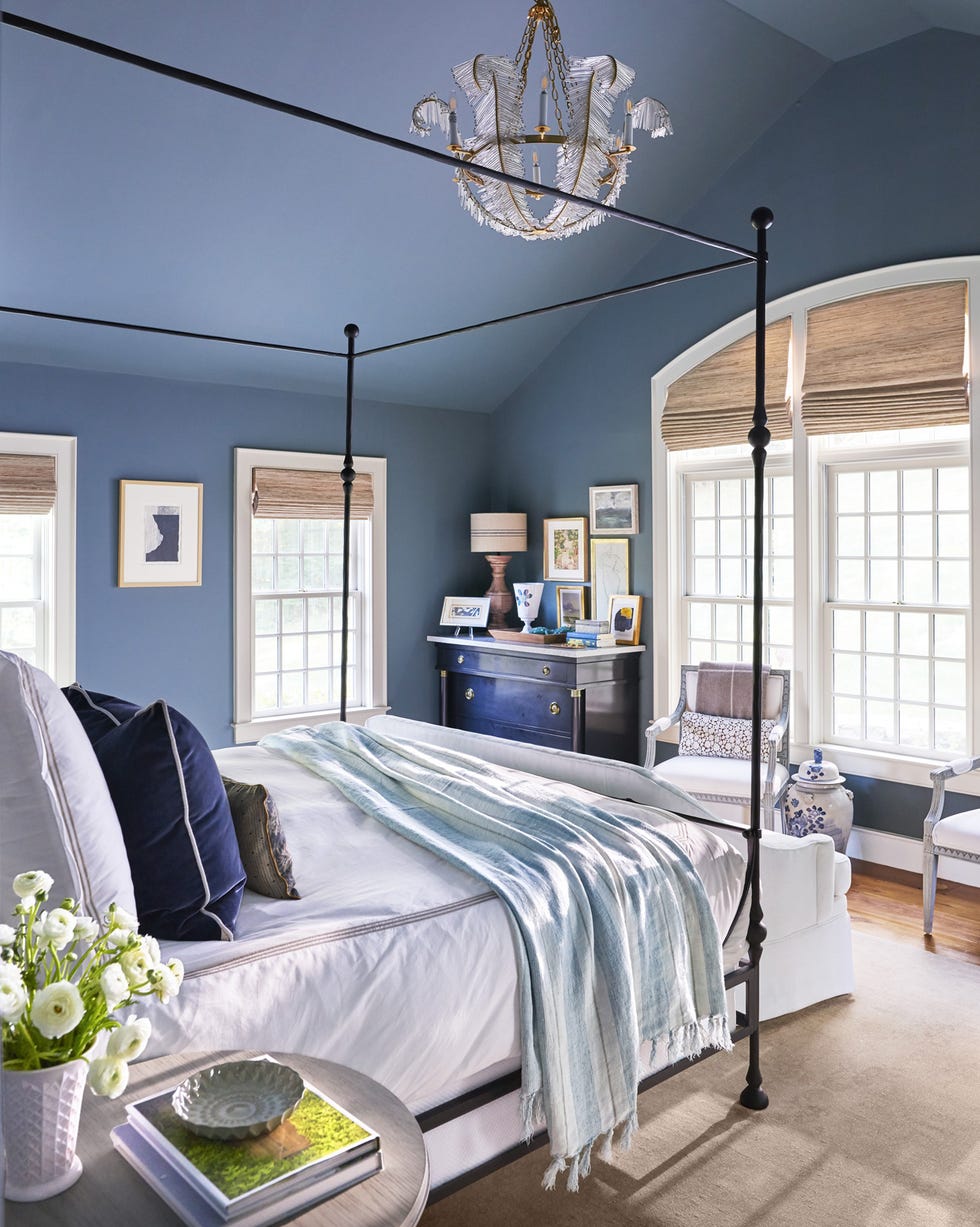 Bedroom, Furniture, Ceiling, Bed, Room, Interior design, Bed frame, Property, Blue, Chandelier, bedroom with blue walls and ceiling, white bedding