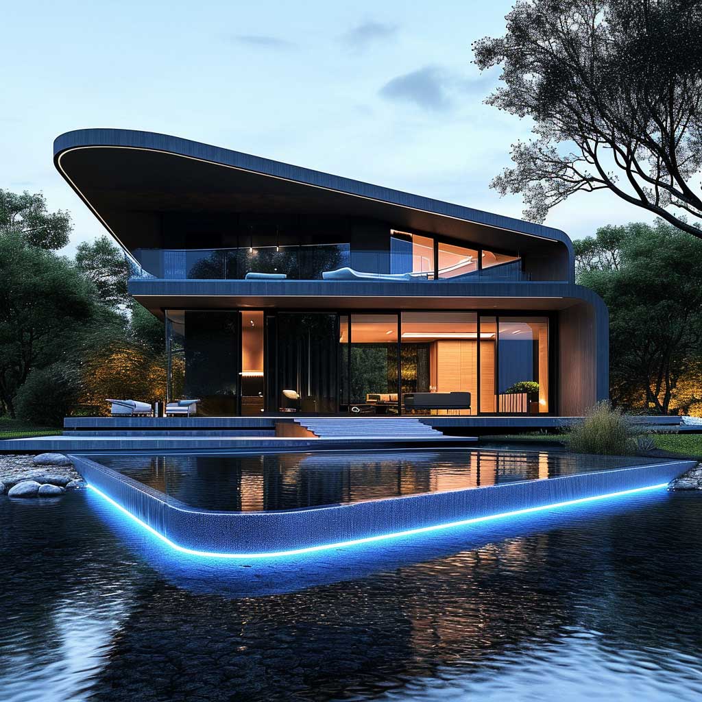 An avant-garde, single-story home located on a serene waterfront. The facade is predominantly charcoal gray with striking blue lighting accents. Architectural features include large glass windows, an asymmetrical roof, and a tranquil surrounding landscape.