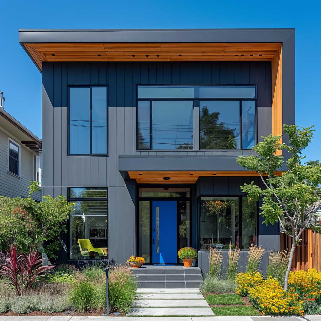 A modern two-story urban home with a sleek charcoal gray exterior. Features include vibrant blue door and window frames, minimalist landscaping, and a smooth, clean design. The setting is in a chic urban neighborhood, under a clear blue sky.