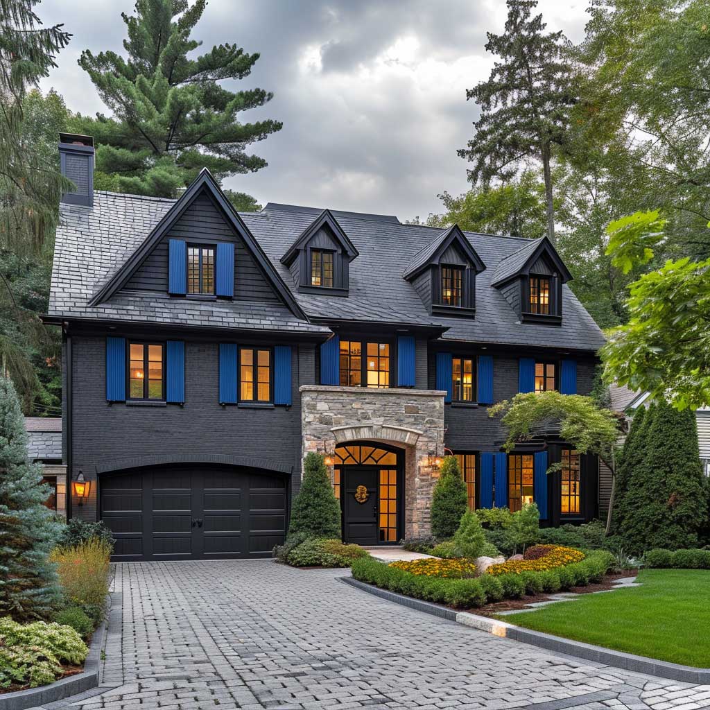 A suburban, multi-level home showcasing a charcoal gray exterior with vibrant blue shutters and roof detailing. The design includes a beautifully manicured garden, a cobblestone driveway, and an inviting, modern aesthetic.