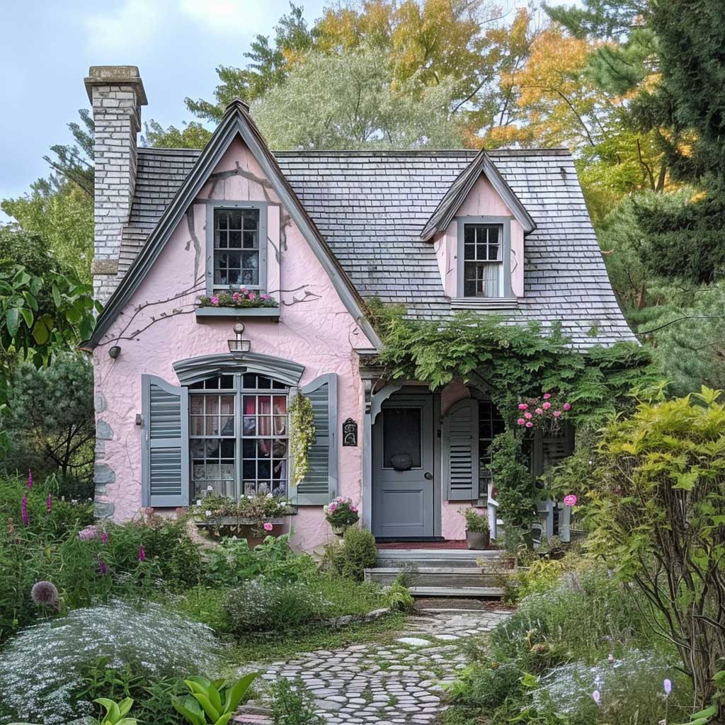A quaint cottage with soft pastel pink walls and a gray shingled roof. The exterior is adorned with gray window shutters, a small, cozy porch, and a surrounding garden filled with wildflowers and greenery, reflecting a peaceful countryside setting.