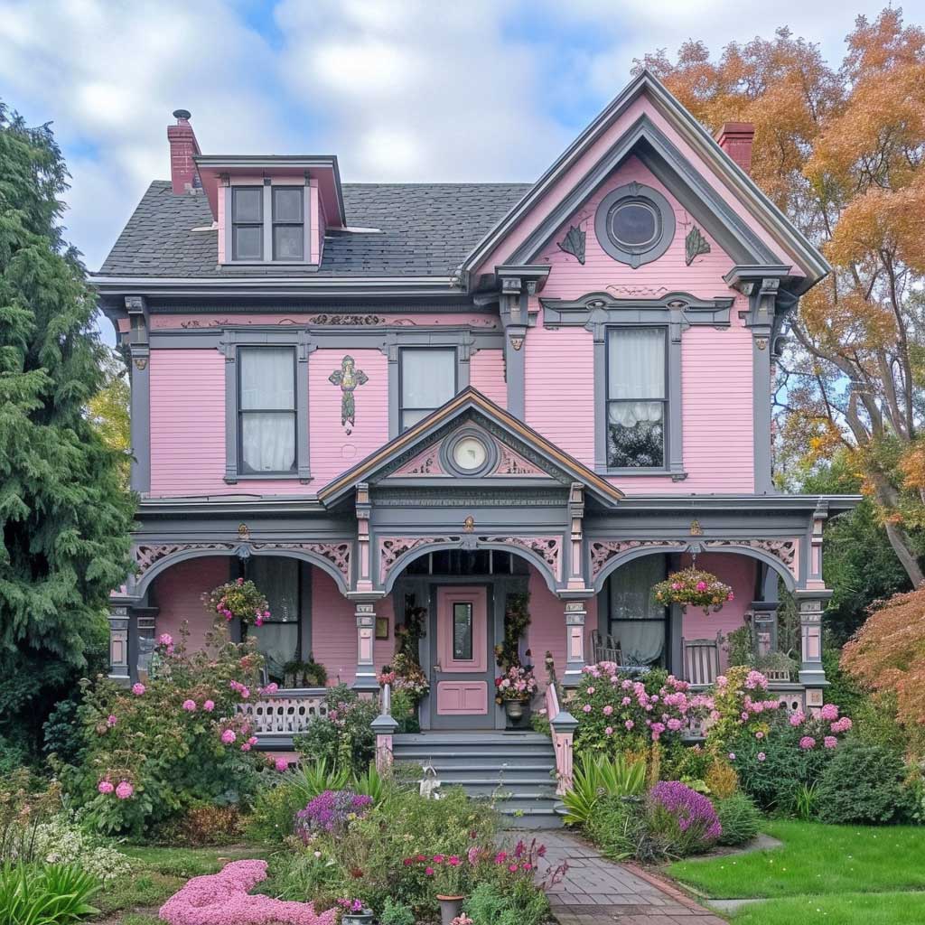 A Victorian-style house with a soft pastel pink facade and gray roof tiles. Architectural details include ornate gray trimmings, a picturesque front porch, and a beautifully landscaped garden with pink and gray flowers complementing the house's color scheme.