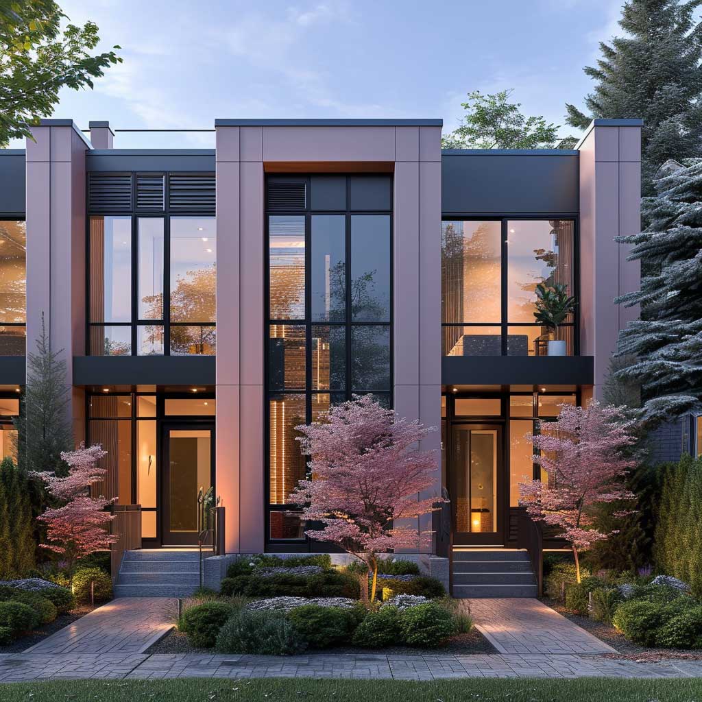 A modern townhouse featuring a sleek design with soft pastel pink walls and gray accents. The exterior includes large gray-framed windows, a minimalist front yard with gray and pink landscaping, set in a trendy urban neighborhood.