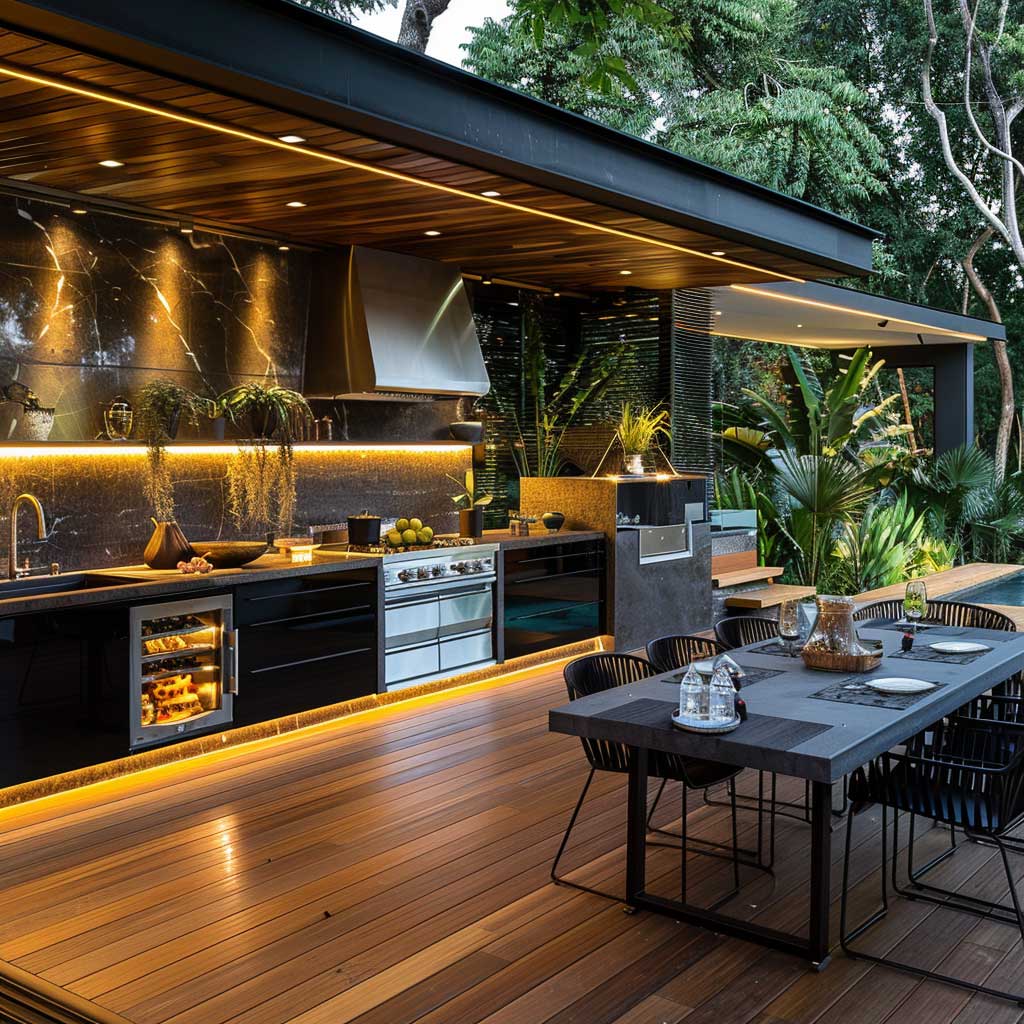 A modern outdoor BBQ area featuring sleek stainless steel appliances, a minimalist design with clean lines, and a spacious deck. The setting includes stylish metal furniture, subtle lighting, and a backdrop of lush greenery, creating a contemporary and elegant atmosphere.