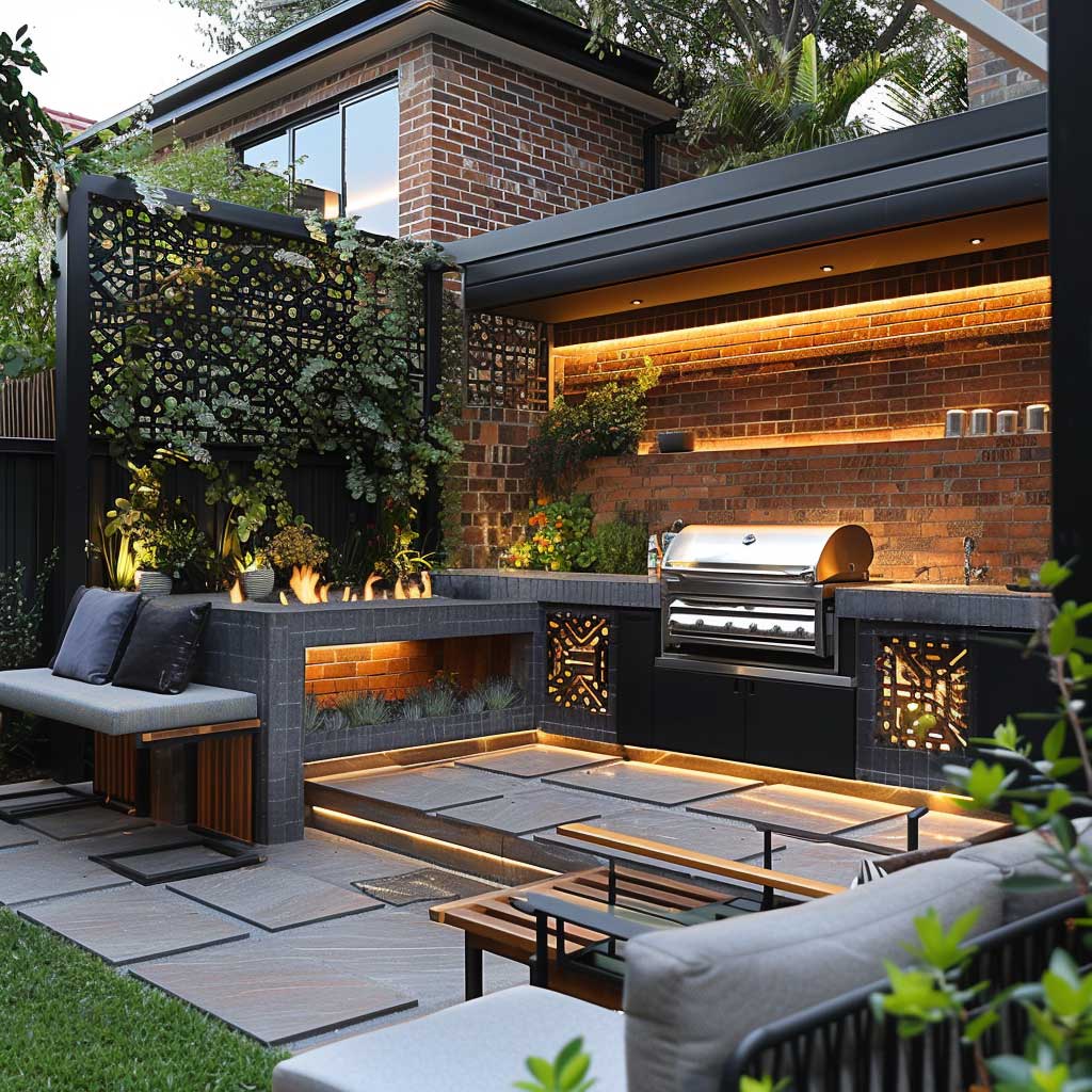 A modern outdoor BBQ area featuring sleek brick elements, a contemporary metal grill, and stylish outdoor furniture. The setting includes geometric patterns, ambient lighting, and a backdrop of a minimalist garden, creating a chic and sophisticated atmosphere.