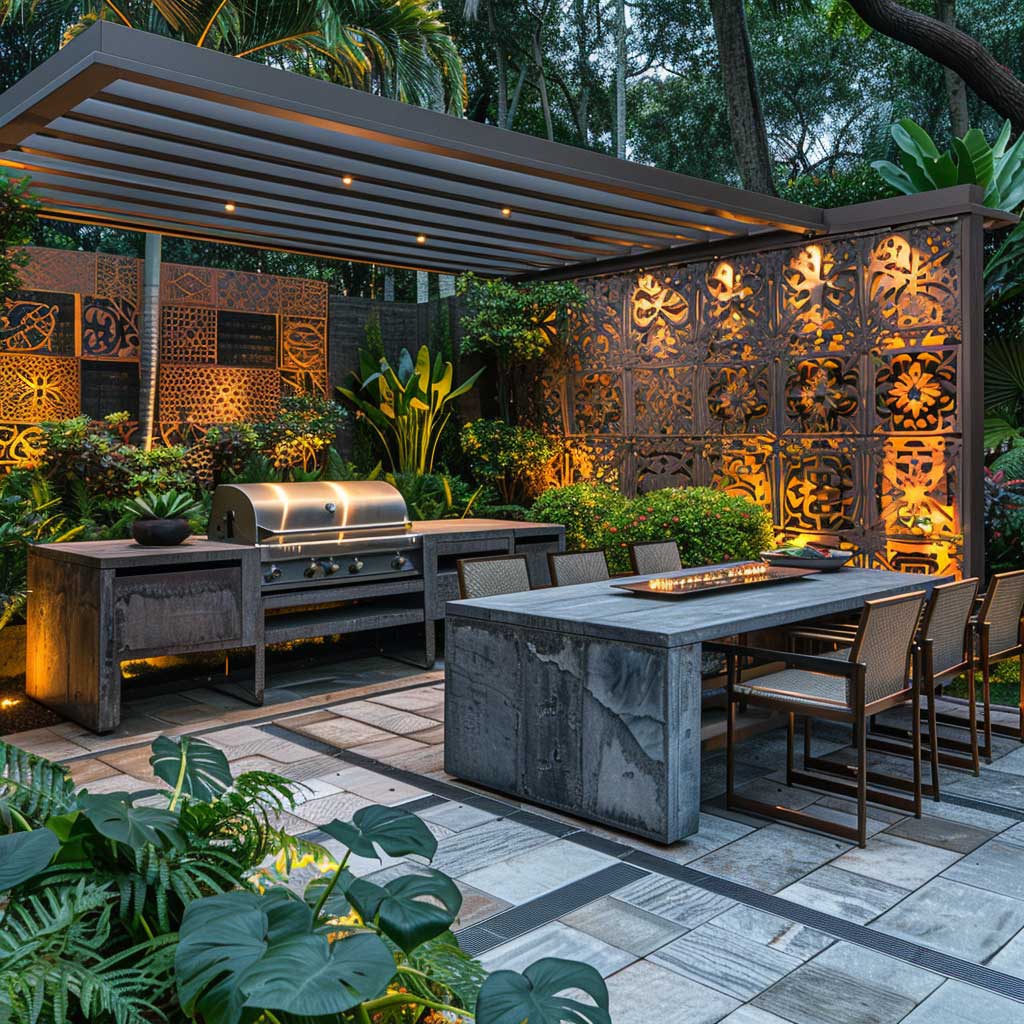 A stylish outdoor BBQ area featuring metal elements with geometric patterns, including a custom metal grill station, decorative metal screens, and geometric paving. The setting includes contemporary outdoor furniture, ambient lighting, and a backdrop of a lush garden, creating a modern and artistic atmosphere.