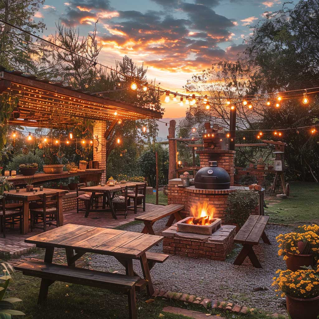 A traditional outdoor BBQ area featuring a rustic brick grill, surrounded by wooden benches and a lush garden. The scene includes hanging string lights, rustic accessories, and a sunset sky in the background, creating a warm and inviting atmosphere.