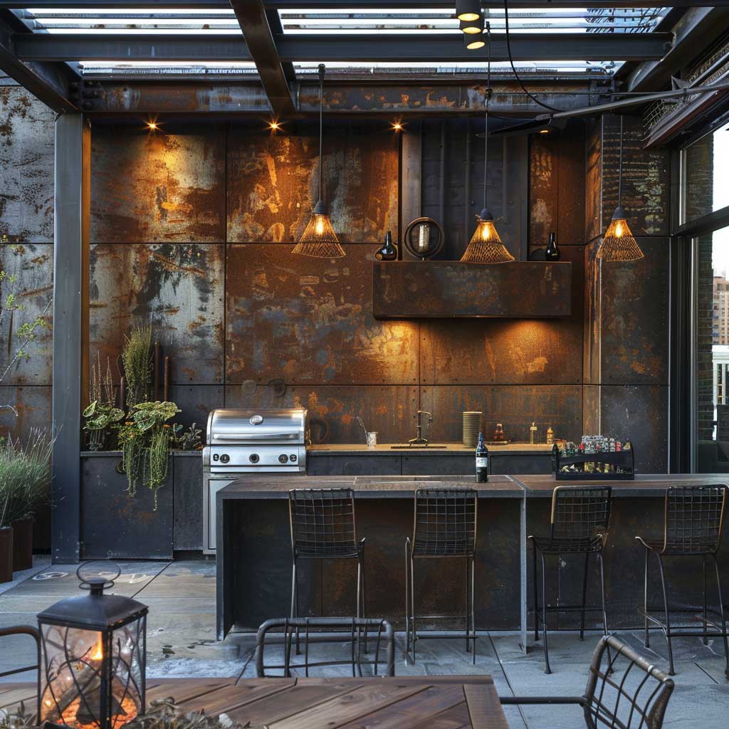 An industrial-themed outdoor BBQ area with contemporary metal features, including a steel grill station, metal bar counter, and exposed metal beams. The setting includes industrial lighting fixtures, a concrete floor, and a backdrop of urban cityscapes, creating a chic and urban atmosphere.