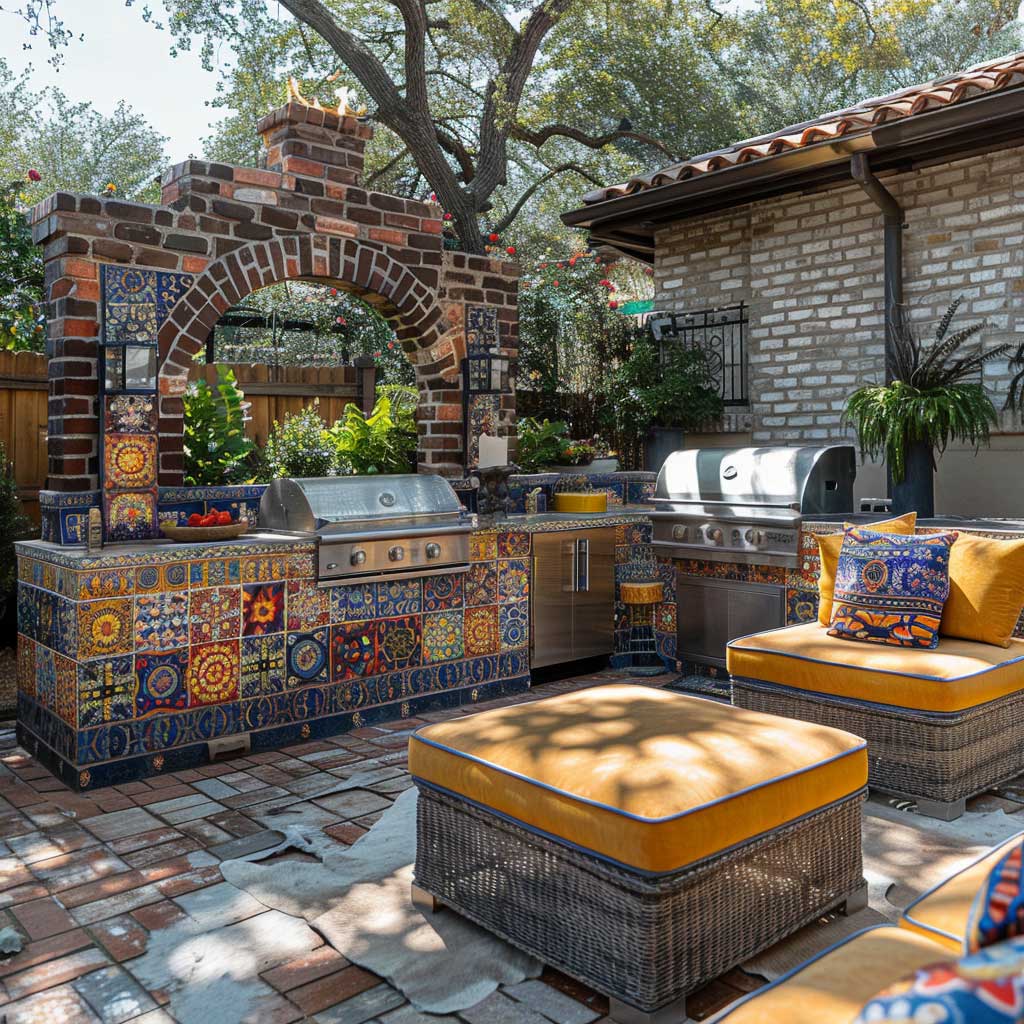 An eclectic outdoor BBQ area featuring colorful brickwork, artistic tile accents, and a vibrant mix of textures and patterns. The setting includes a custom brick grill, eclectic furniture, and a backdrop of a whimsical garden, creating a playful and creative atmosphere.