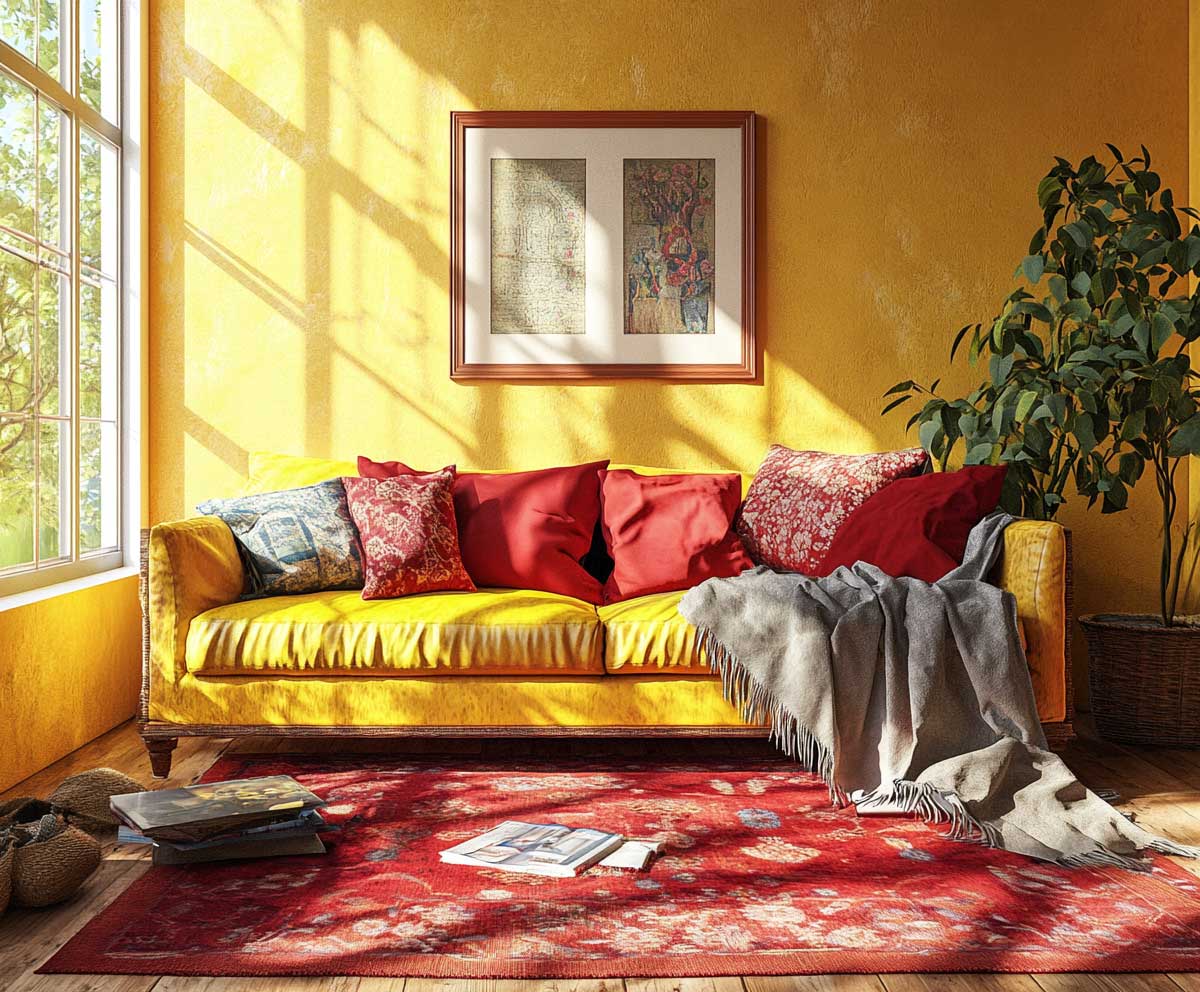 bright interior room in golden yellow and crimson, Aries zodiac color harmony, inviting and vibrant, sunlight reflections, mixed textiles, cozy yet daring atmosphere, soft shadows, ultra-detailed