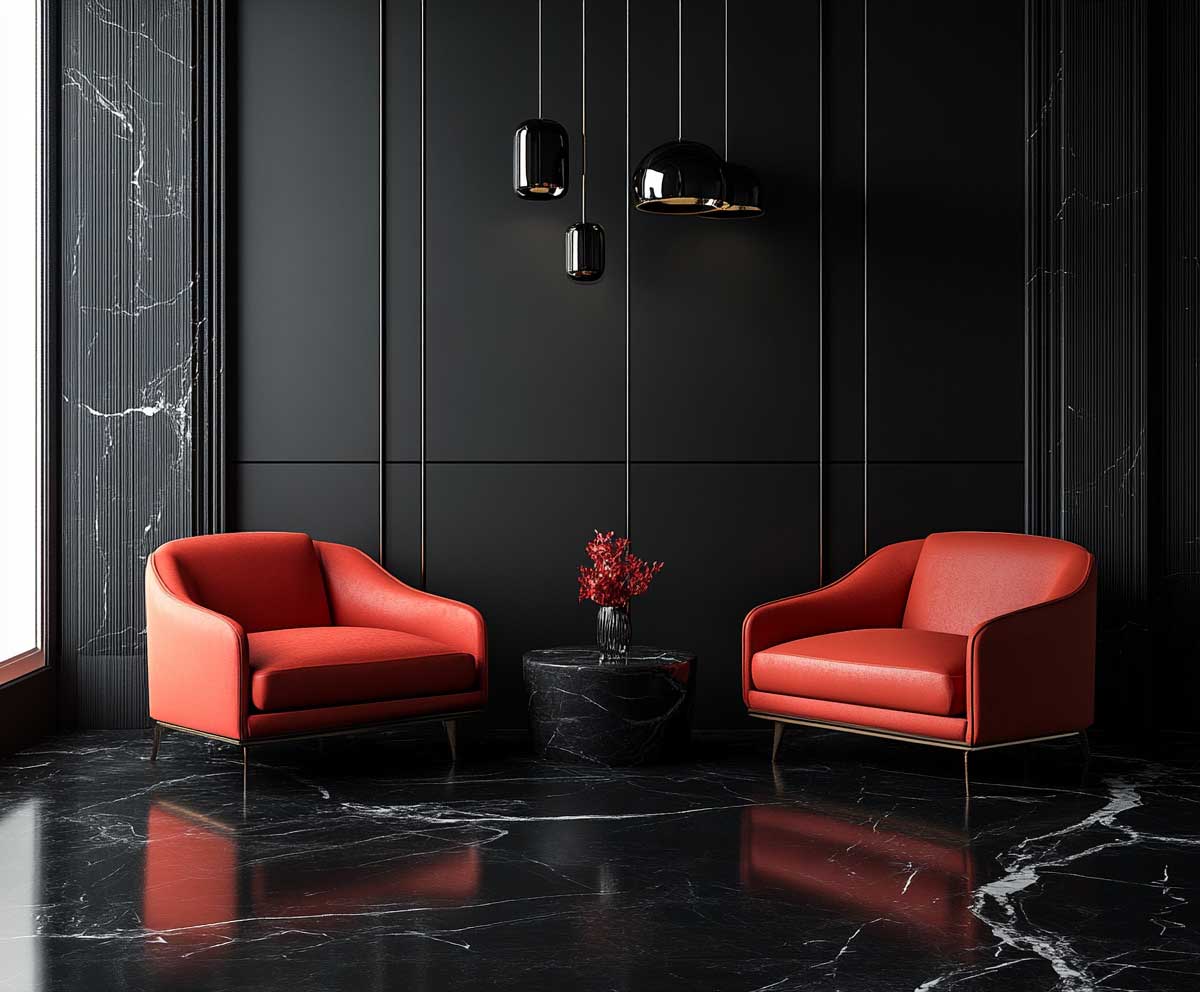 sleek interior design in bold black and electric coral, Aries-inspired palette, contemporary space, edgy furniture, dramatic lighting, minimalistic yet powerful, photorealistic, magazine style