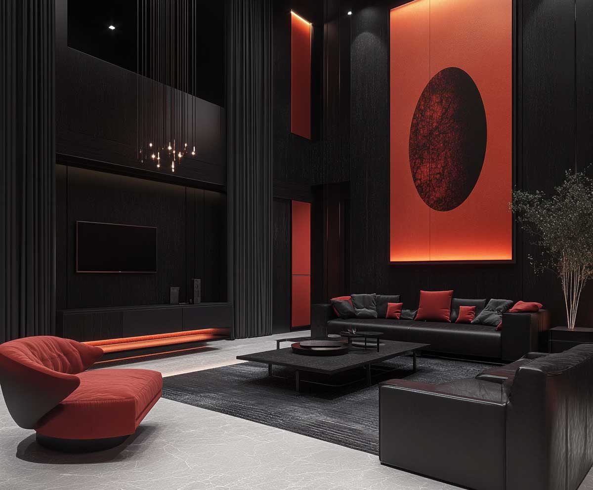 sleek interior design in bold black and electric coral, Aries-inspired palette, contemporary space, edgy furniture, dramatic lighting, minimalistic yet powerful, photorealistic, magazine style