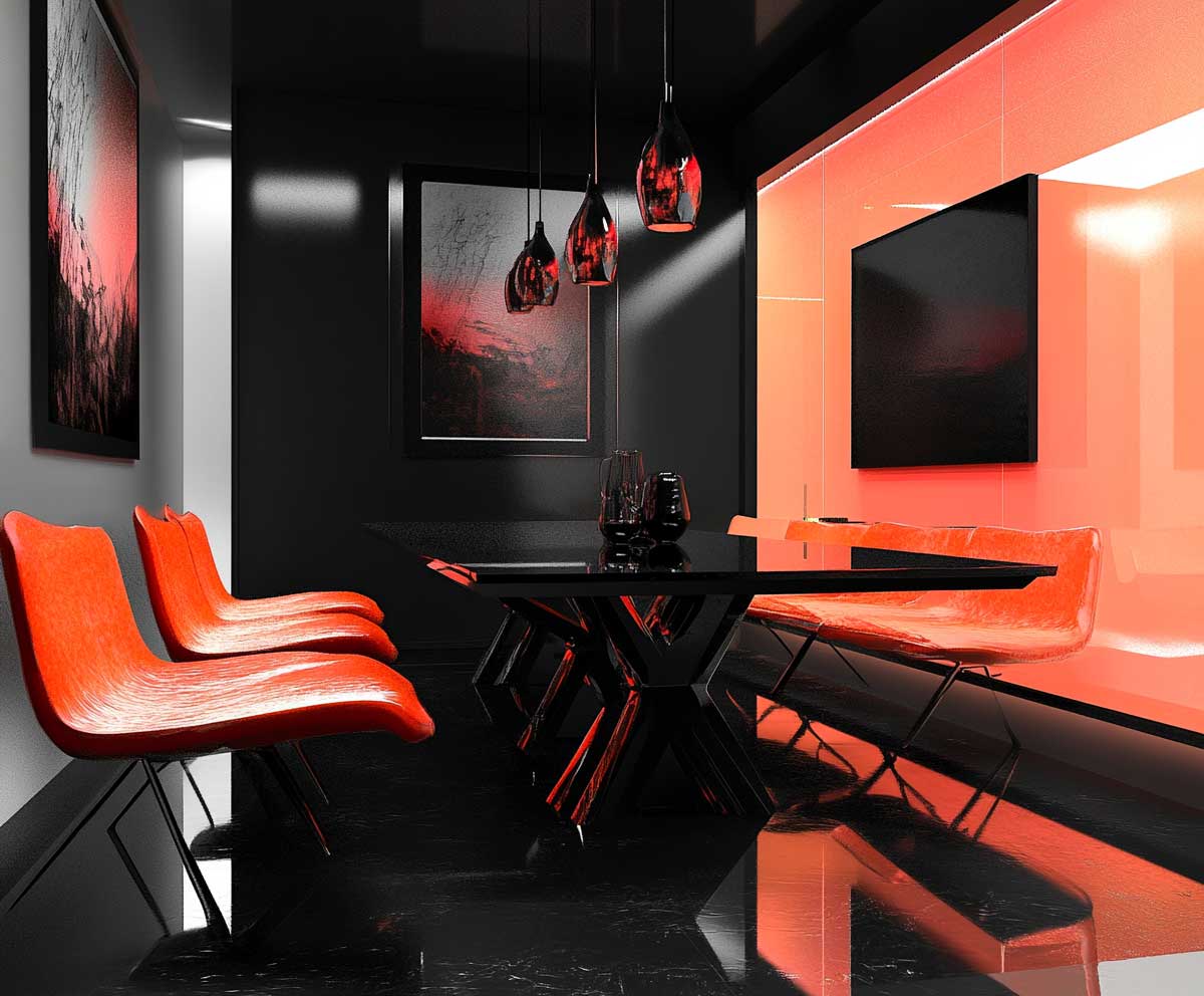 sleek interior design in bold black and electric coral, Aries-inspired palette, contemporary space, edgy furniture, dramatic lighting, minimalistic yet powerful, photorealistic, magazine style