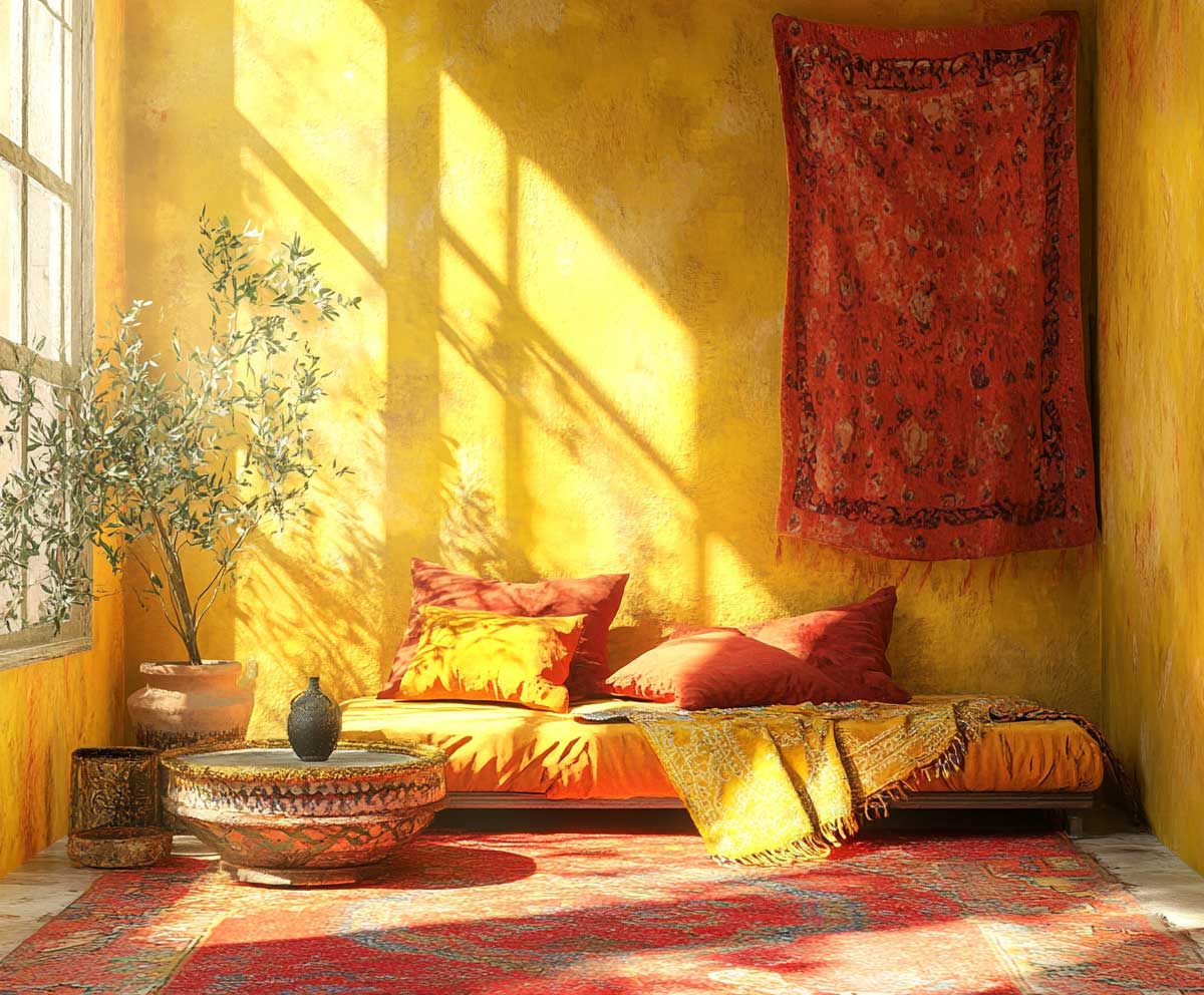 bright interior room in golden yellow and crimson, Aries zodiac color harmony, inviting and vibrant, sunlight reflections, mixed textiles, cozy yet daring atmosphere, soft shadows, ultra-detailed