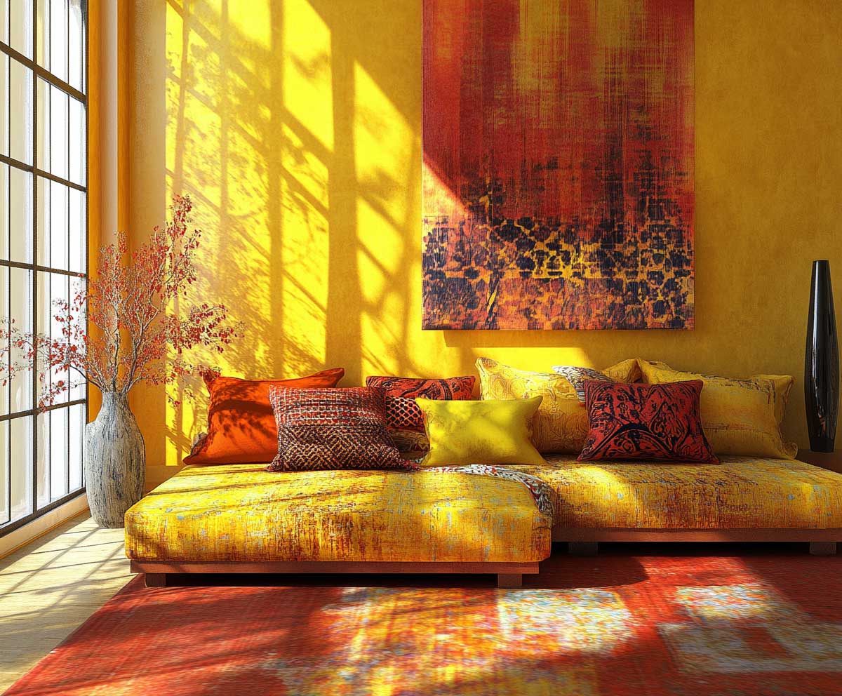 bright interior room in golden yellow and crimson, Aries zodiac color harmony, inviting and vibrant, sunlight reflections, mixed textiles, cozy yet daring atmosphere, soft shadows, ultra-detailed