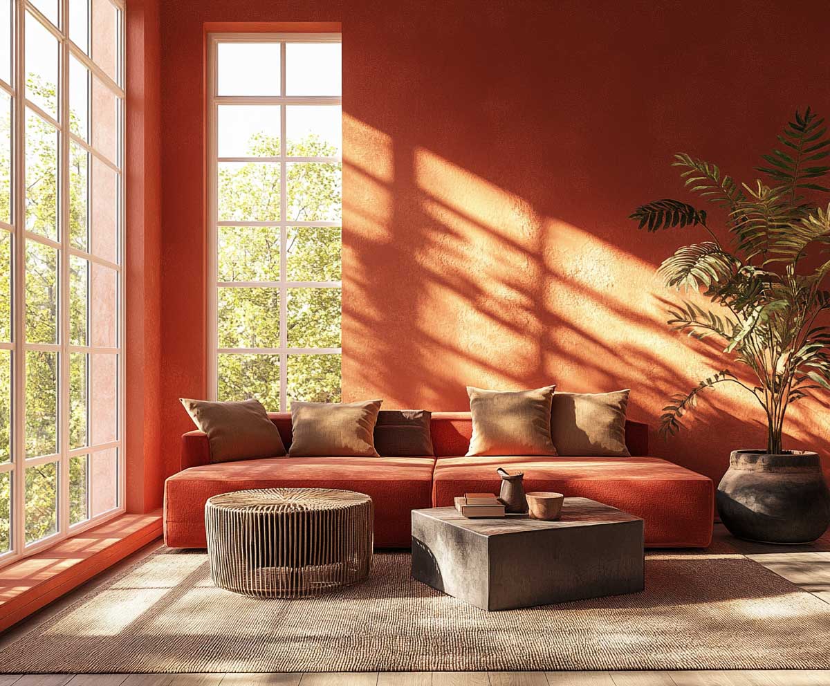 interior living room in fiery red and terracotta, bold Aries color scheme, modern boho style, sunlight pouring in through large windows, warm textures, artistic accents, high-resolution, wide-angle view