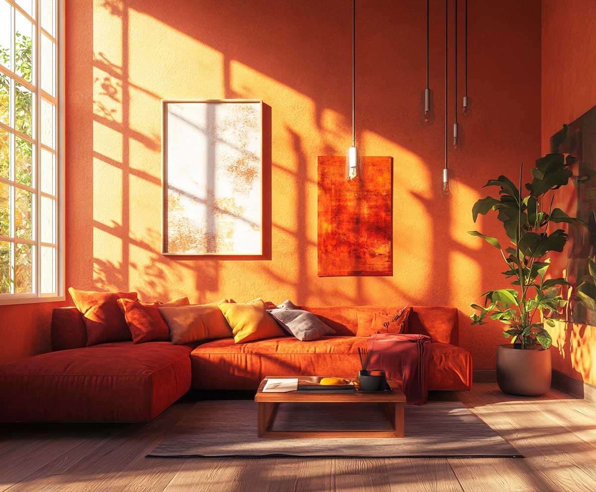 interior living room in fiery red and terracotta, bold Aries color scheme, modern boho style, sunlight pouring in through large windows, warm textures, artistic accents, high-resolution, wide-angle view