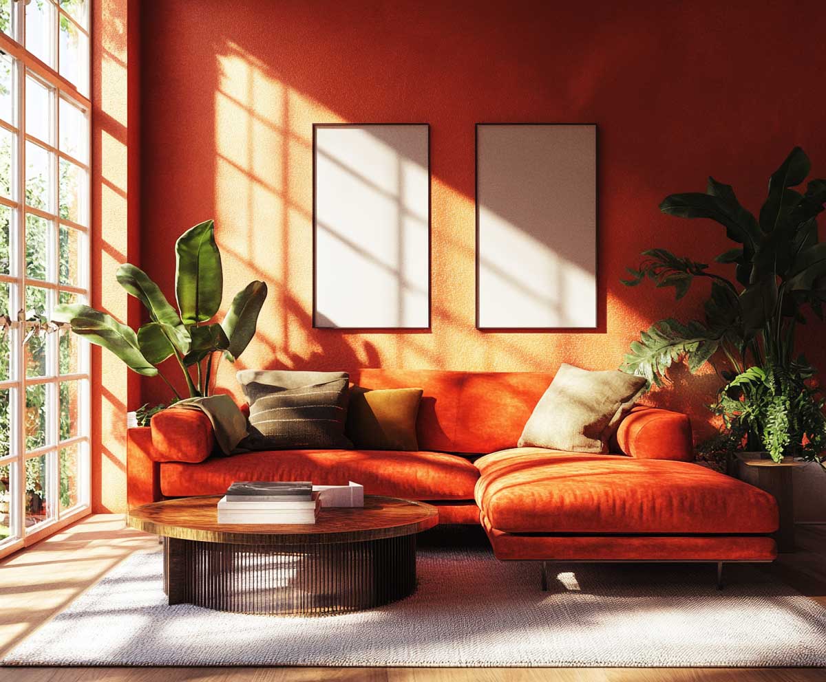 interior living room in fiery red and terracotta, bold Aries color scheme, modern boho style, sunlight pouring in through large windows, warm textures, artistic accents, high-resolution, wide-angle view