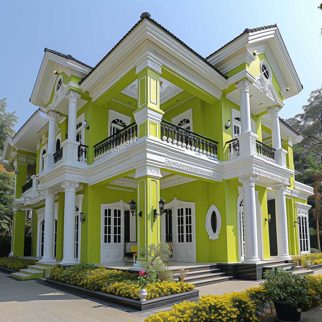 Imagine a house where the timeless beauty of classic design meets the boldness of contemporary colour choices. The main body of the house is adorned in lime green, giving it a fresh and lively appearance, while pure white columns, railings, and decorative moldings add a touch of elegance and contrast. This stunning colour combination elevates the concept of modern classic design, proving that traditional elements can be reimagined with a vibrant and modern palette.