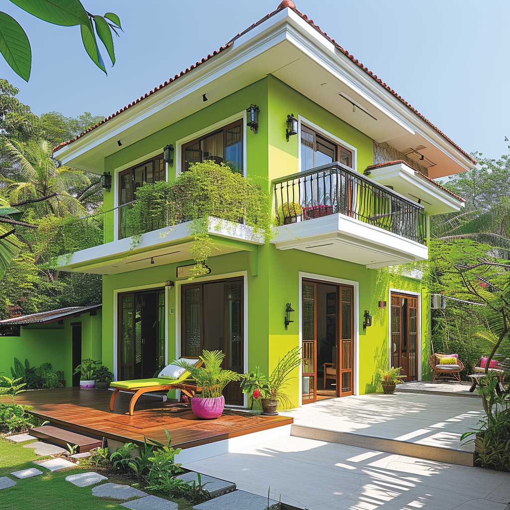 Picture a house that seems to grow from the very heart of nature itself, with walls painted in a lively lime green that harmonizes with the lush greenery surrounding it. Pure white accents on the roof, windows, and doors enhance this connection, creating a seamless blend between the built environment and the natural world. This combination exemplifies how thoughtful colour choices can create a refreshing and harmonious living space that feels like an extension of the outdoors.