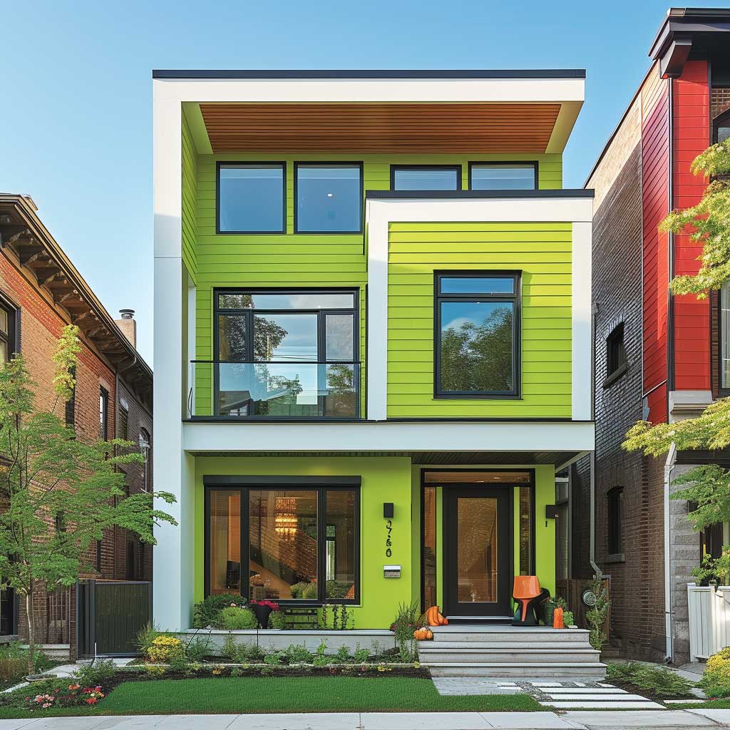 Envision a sleek, modern classic house nestled in a bustling urban landscape, where its lime green facade pops against the more subdued colours of its neighbours. The pure white trim and architectural details stand out crisply, highlighting the unique geometric lines and shapes of the building. This home becomes a beacon of modernity and style, showcasing how innovative colour combinations can breathe new life into urban settings.