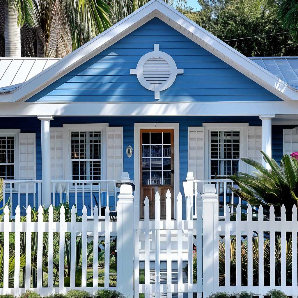 A cozy coastal cottage painted in a vibrant deep ocean blue, with porcelain white accents on shutters and railings, complemented by a white picket fence, embodying a serene and classic house outer colour scheme that echoes the seaside's natural beauty.