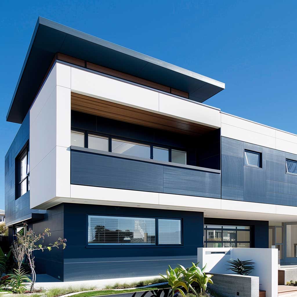 A modern architectural home featuring clean lines and a minimalist design, with a bold deep ocean blue exterior contrasted by sleek porcelain white details, offering a contemporary twist on traditional house outer colour themes.
