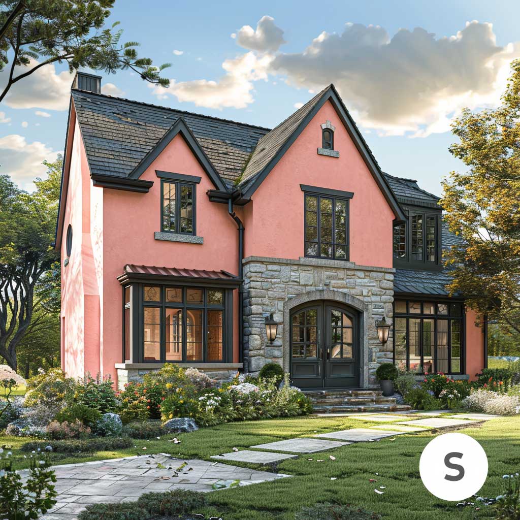 A rustic country home with a twist of modernity, showcasing outside walls in coral pink with dove grey accents around the windows and doors. The surrounding landscape is a mix of wildflowers and greenery, highlighting the home's connection to nature while embracing a contemporary palette. The overall feel is inviting, blending tradition with a touch of modern elegance.