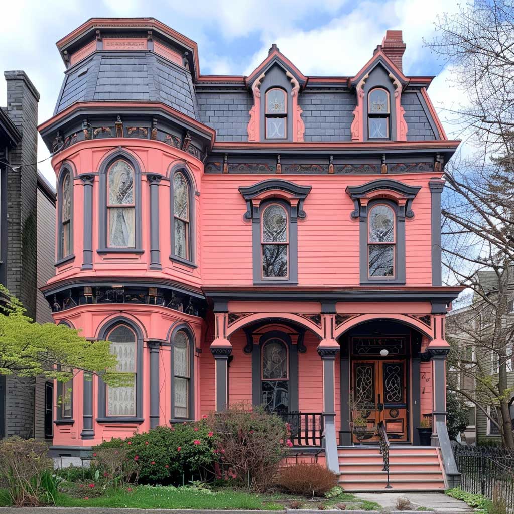 A Victorian-style home featuring intricate architectural details painted in coral pink, with dove grey accents highlighting the trims, windows, and roof lines. The setting is a quaint street, where the house stands out for its unique color combination, blending classic charm with modern sophistication under a clear blue sky.