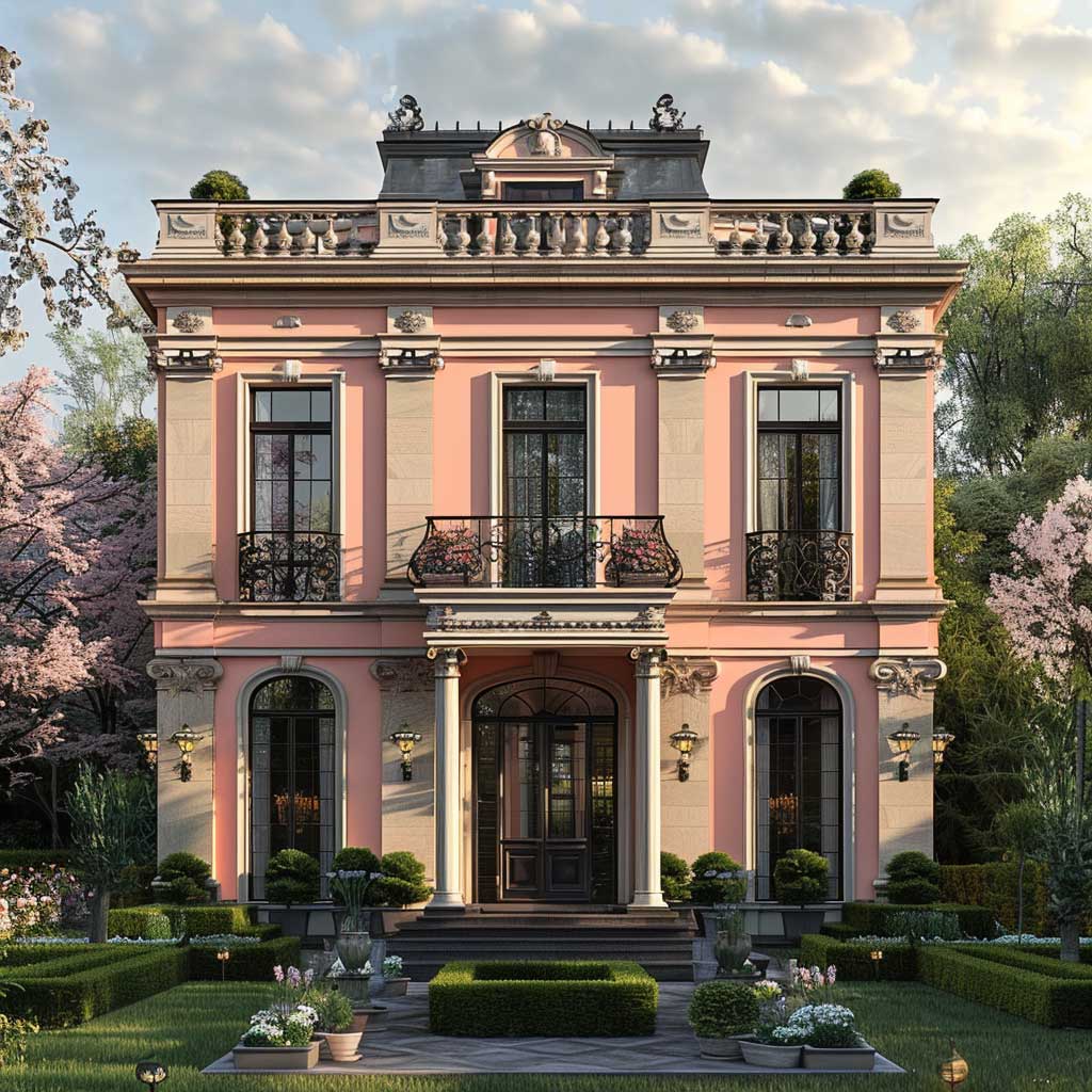 An elegant, classic manor house exterior painted in a harmonious combination of coral pink and dove grey, surrounded by a lush, manicured garden, showcasing the sophisticated color scheme against a backdrop of timeless architectural details. The scene captures the soft glow of the early morning light, enhancing the warmth and elegance of the colors.